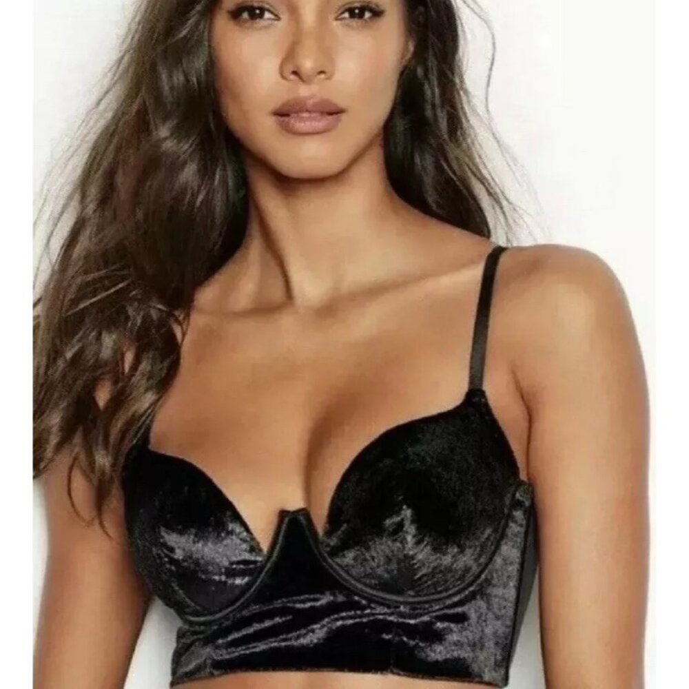Victoria's Secret Very Sexy Velvet Shimmer Long Line Bra in Black - Size 34C
